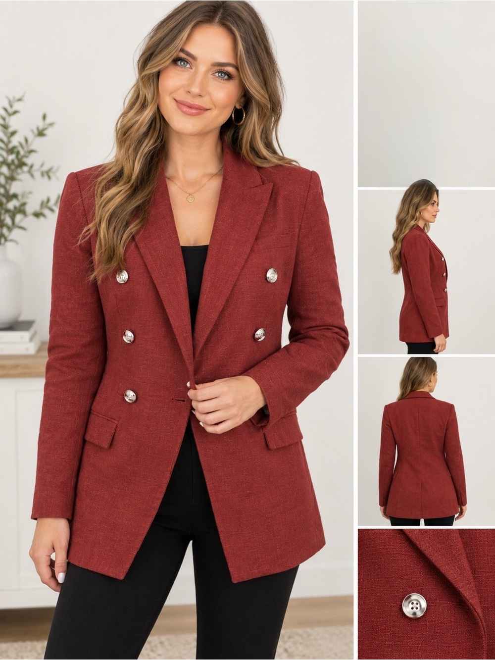 Nine West Double-Breasted Brick Red Blazer - Faux Linen Look in Medium